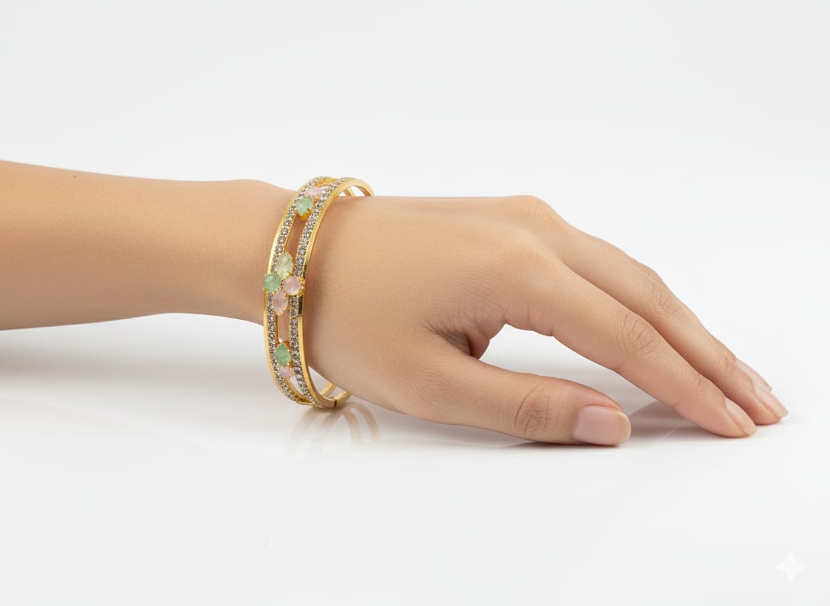 Elegant Gold-Plated Floral Bangle with Pastel Gemstones - Image 4