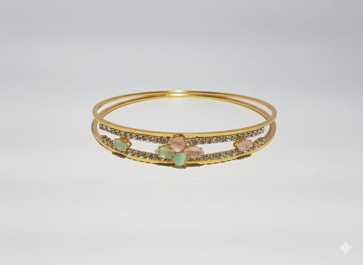 Elegant Gold-Plated Floral Bangle with Pastel Gemstones - Image 3