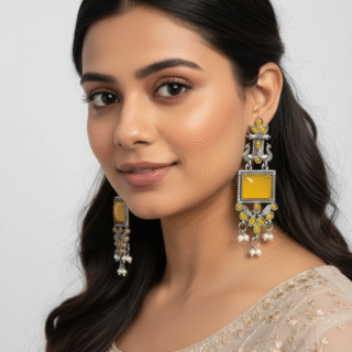 Antique Silver Green Stone Ethnic Long Earrings