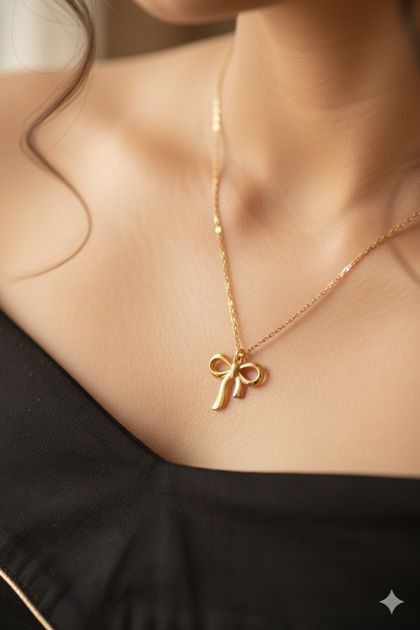 Elegant Pearl Bow Pendant Necklace – Gold-Plated Chain - Image 3