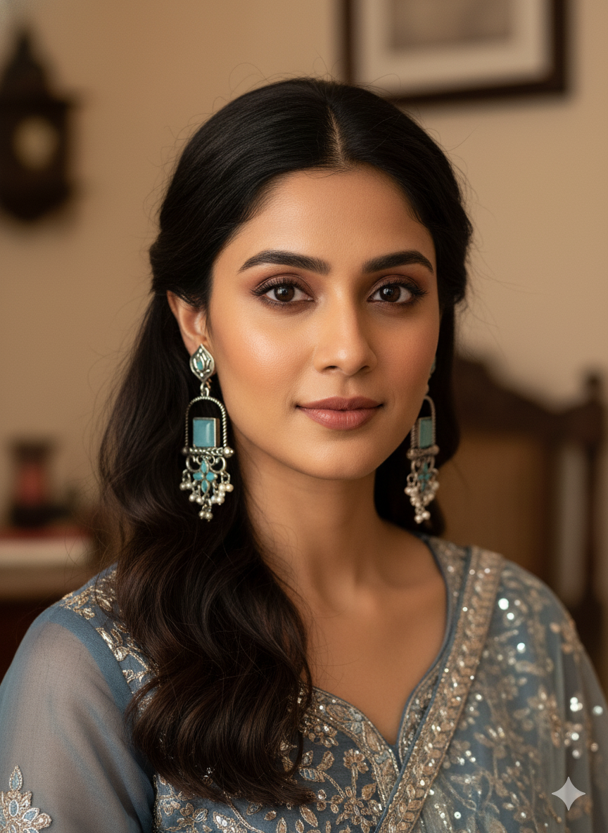 Antique Silver Green Stone Ethnic Long Earrings - Image 3