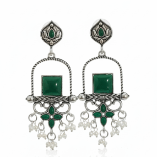 Antique Silver Green Stone Ethnic Long Earrings