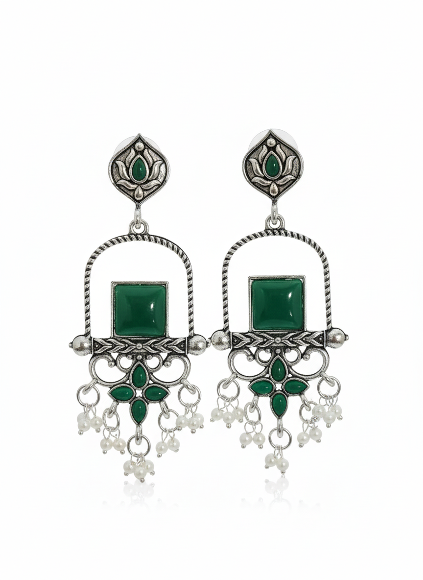 Antique Silver Green Stone Ethnic Long Earrings