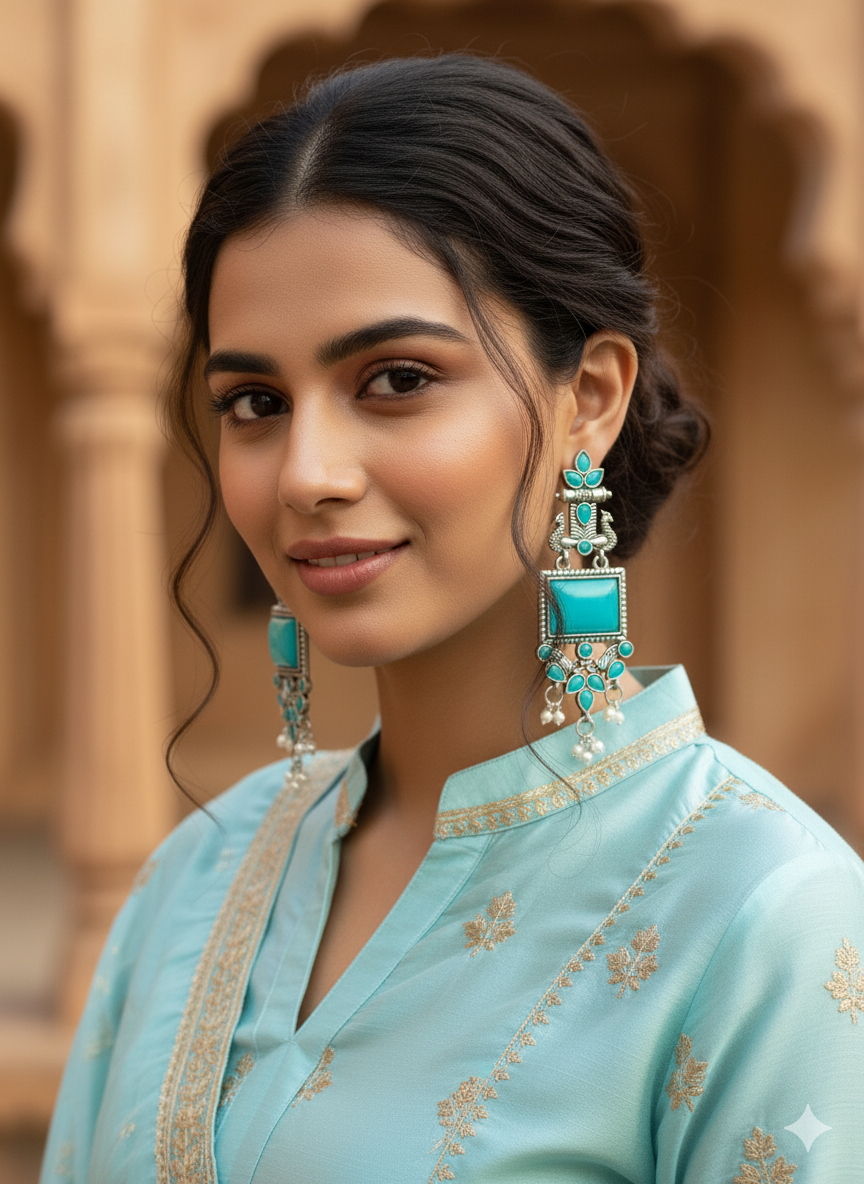 Antique Silver Green Stone Ethnic Long Earrings - Image 4