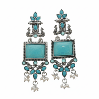 Antique Silver Green Stone Ethnic Long Earrings