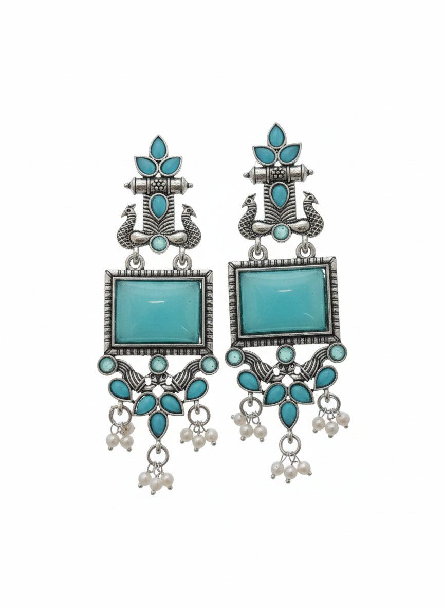 Antique Silver Green Stone Ethnic Long Earrings