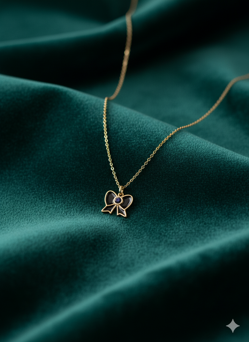 Elegant Pearl Bow Black Pendant Necklace – Gold-Plated Chain - Image 4