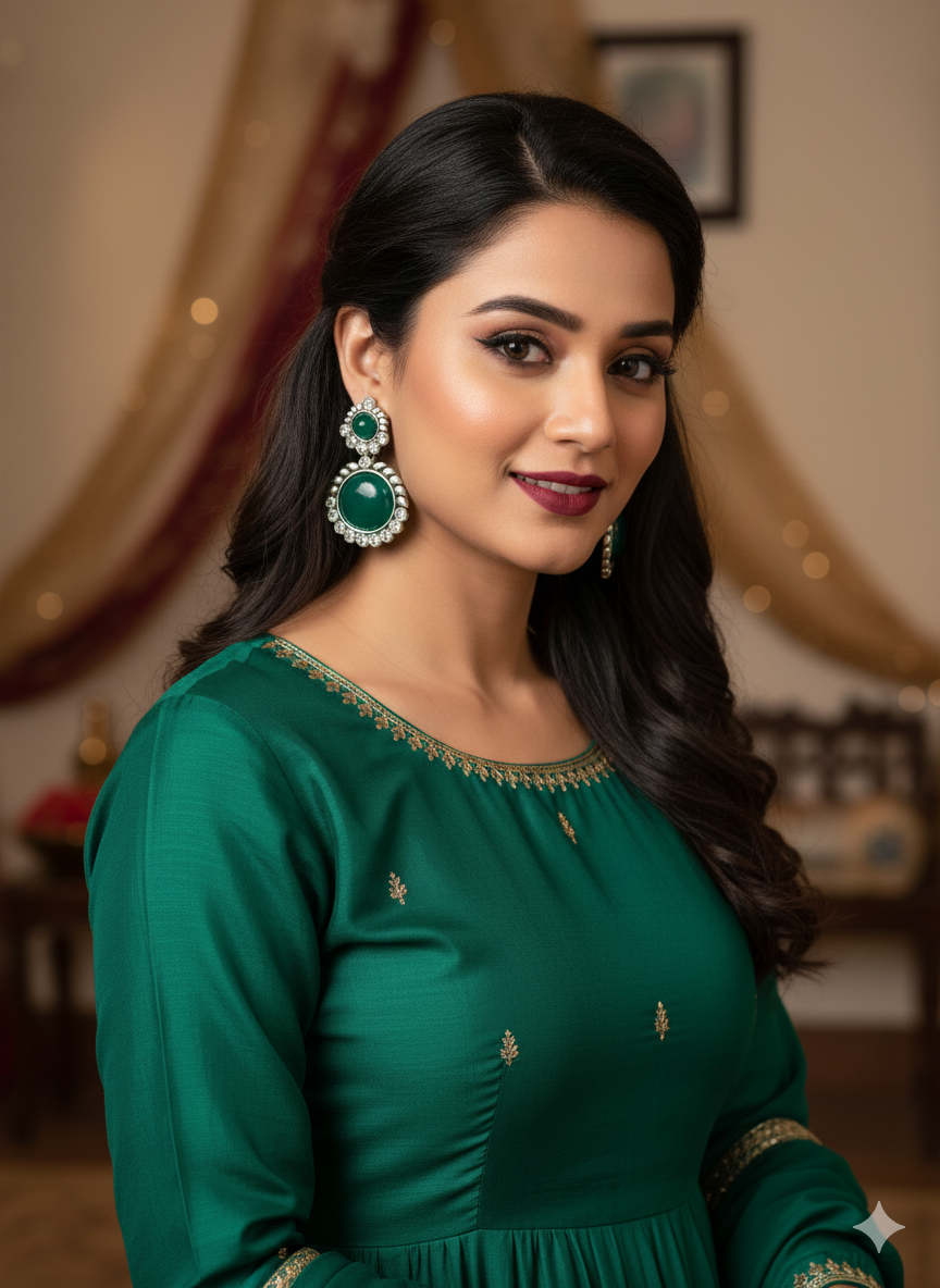 Exquisite Oxidised Silver-Look Danglers with Pink Stone and Pearl Drops - Image 3