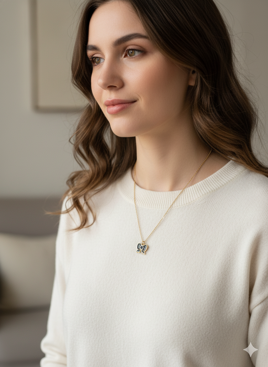 Elegant Pearl Bow Black Pendant Necklace – Gold-Plated Chain