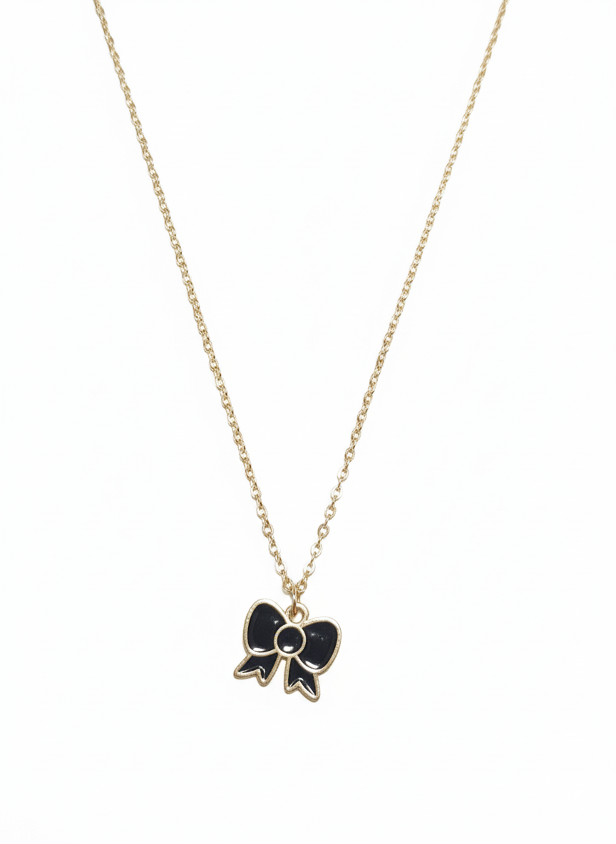 Elegant Pearl Bow Black Pendant Necklace – Gold-Plated Chain - Image 2