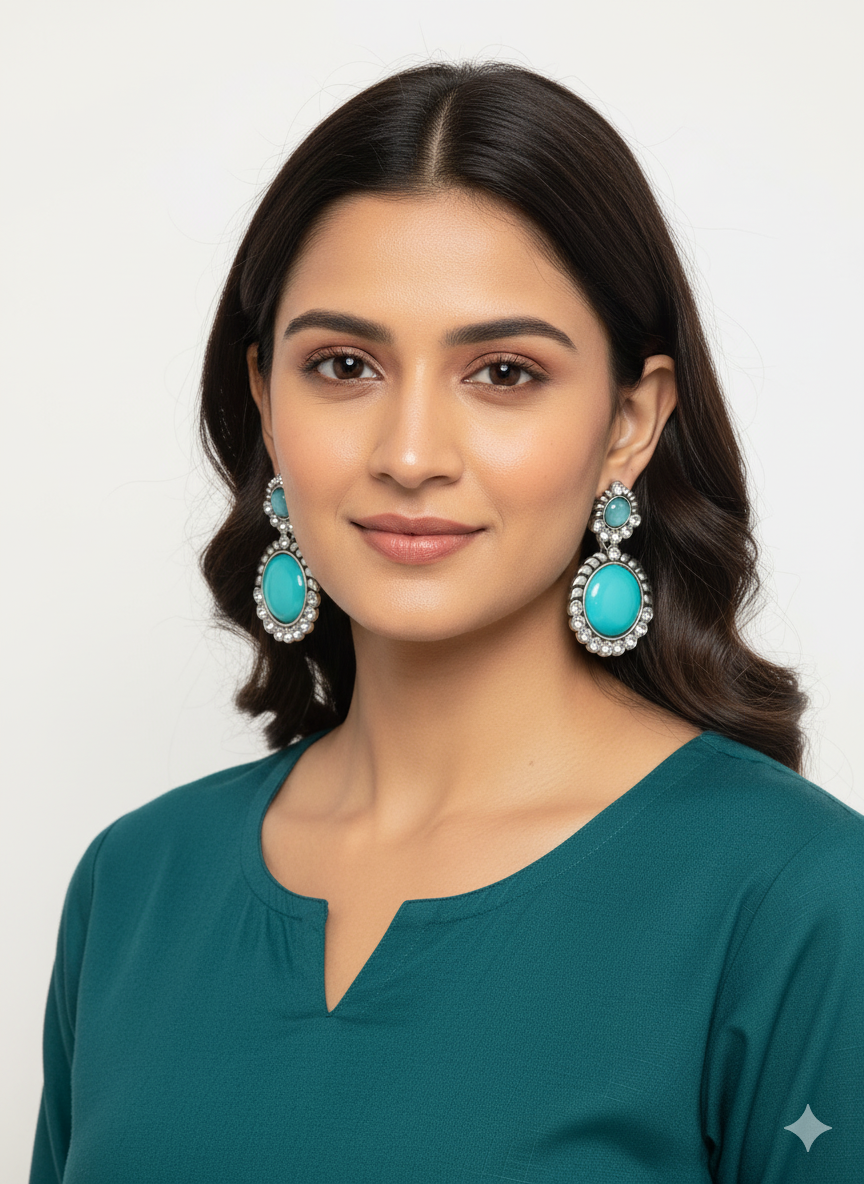 Exquisite Oxidised Silver-Look Danglers with Pink Stone and Pearl Drops - Image 2