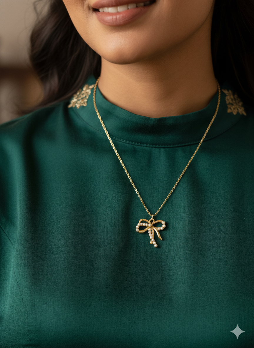 Elegant Pearl Bow Pendant Necklace – Gold-Plated Chain - Image 3