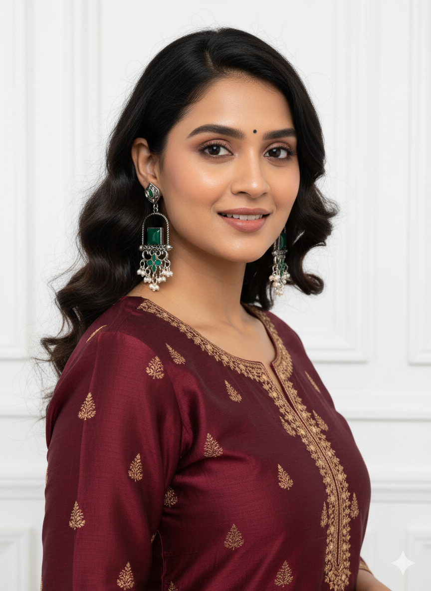 Antique Silver Green Stone Ethnic Long Earrings - Image 5