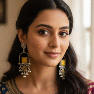 Antique Silver Green Stone Ethnic Long Earrings