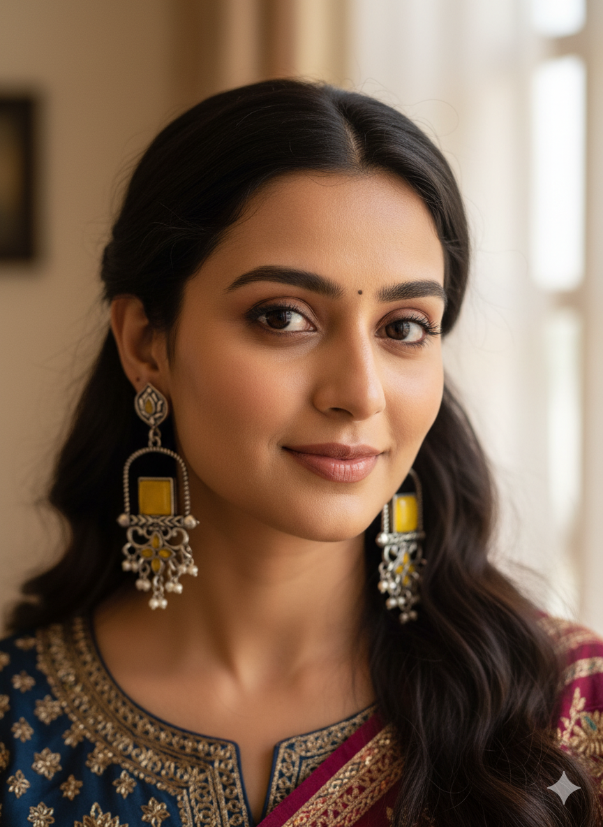 Antique Silver Green Stone Ethnic Long Earrings - Image 2