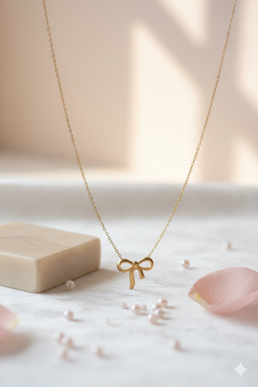 Elegant Pearl Bow Pendant Necklace – Gold-Plated Chain - Image 4