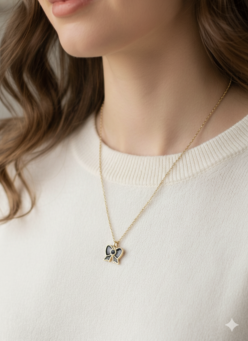 Elegant Pearl Bow Black Pendant Necklace – Gold-Plated Chain - Image 3