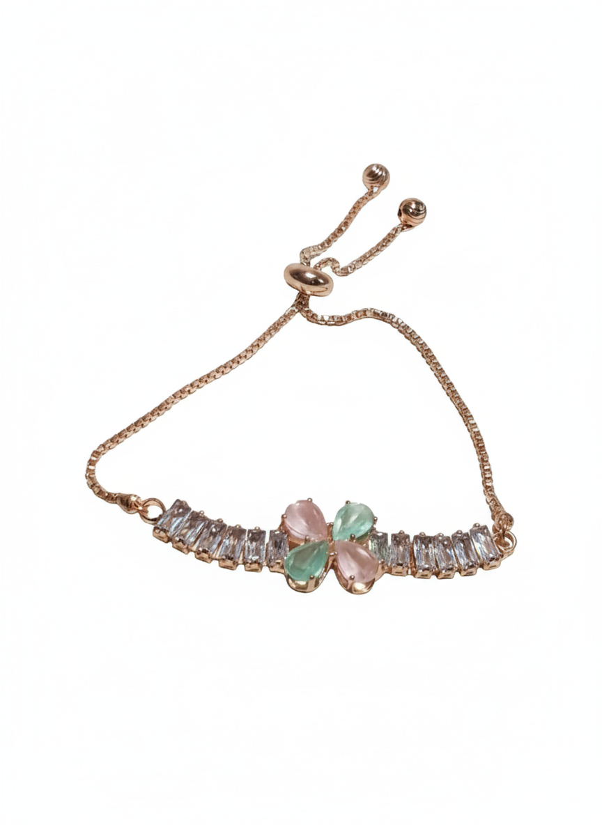 Elegant Floral Crystal Adjustable Bracelet – Premium Rose Gold Plated | Pink & Mint Petal Stones