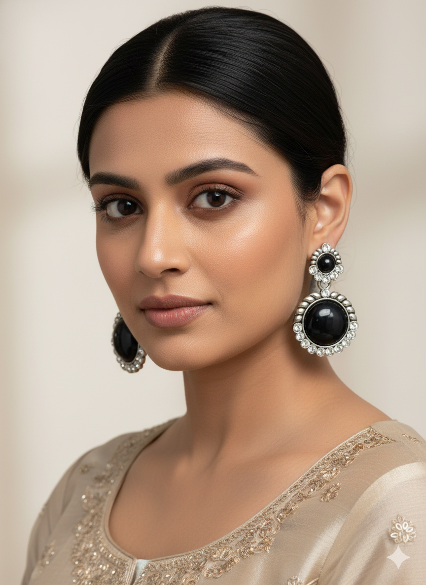 Exquisite Oxidised Silver-Look Danglers with Pink Stone and Pearl Drops - Image 4