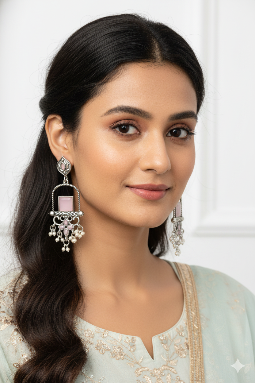 Antique Silver Green Stone Ethnic Long Earrings - Image 4