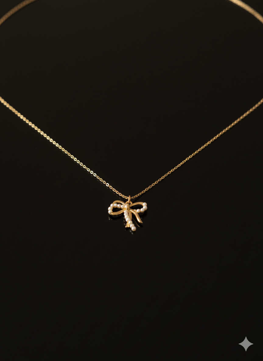 Elegant Pearl Bow Pendant Necklace – Gold-Plated Chain - Image 2