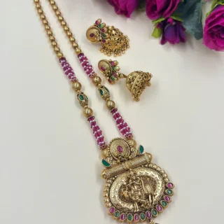 Antique Gold Temple Designer Necklace Set | Goddess Lakshmi Pendant | With Jhumka Earrings