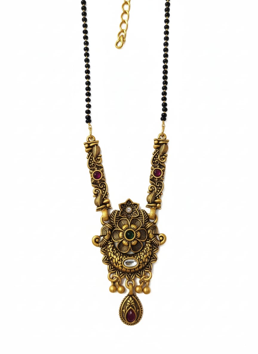 Traditional Gold-Plated Mangalsutra Set with Earrings for Women | Temple Design Black Beads Chain | Ethnic Bridal Jewelry - Image 4