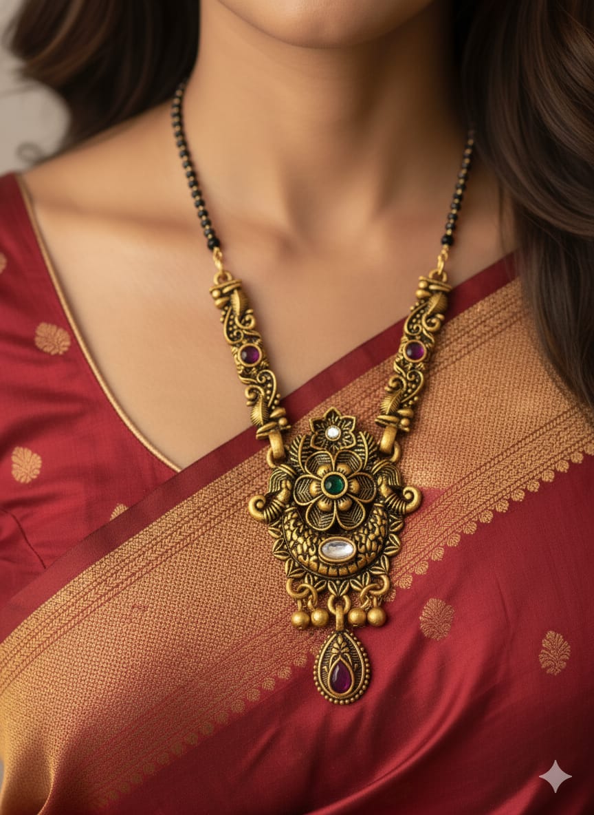 Traditional Gold-Plated Mangalsutra Set with Earrings for Women | Temple Design Black Beads Chain | Ethnic Bridal Jewelry - Image 3