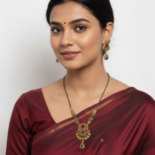 Traditional Gold-Plated Mangalsutra Set with Earrings for Women | Temple Design Black Beads Chain | Ethnic Bridal Jewelry Copy