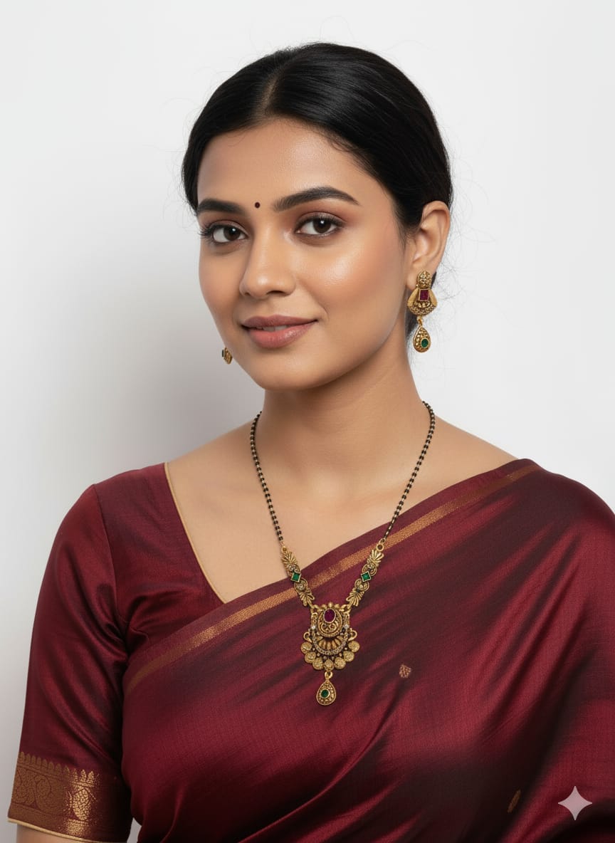 Traditional Gold-Plated Mangalsutra Set with Earrings for Women | Temple Design Black Beads Chain | Ethnic Bridal Jewelry Copy