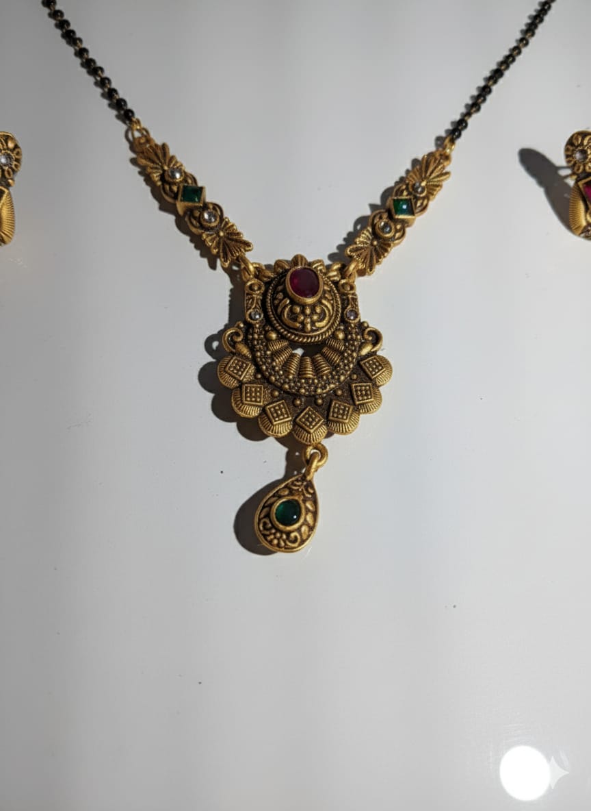 Traditional Gold-Plated Mangalsutra Set with Earrings for Women | Temple Design Black Beads Chain | Ethnic Bridal Jewelry Copy - Image 2