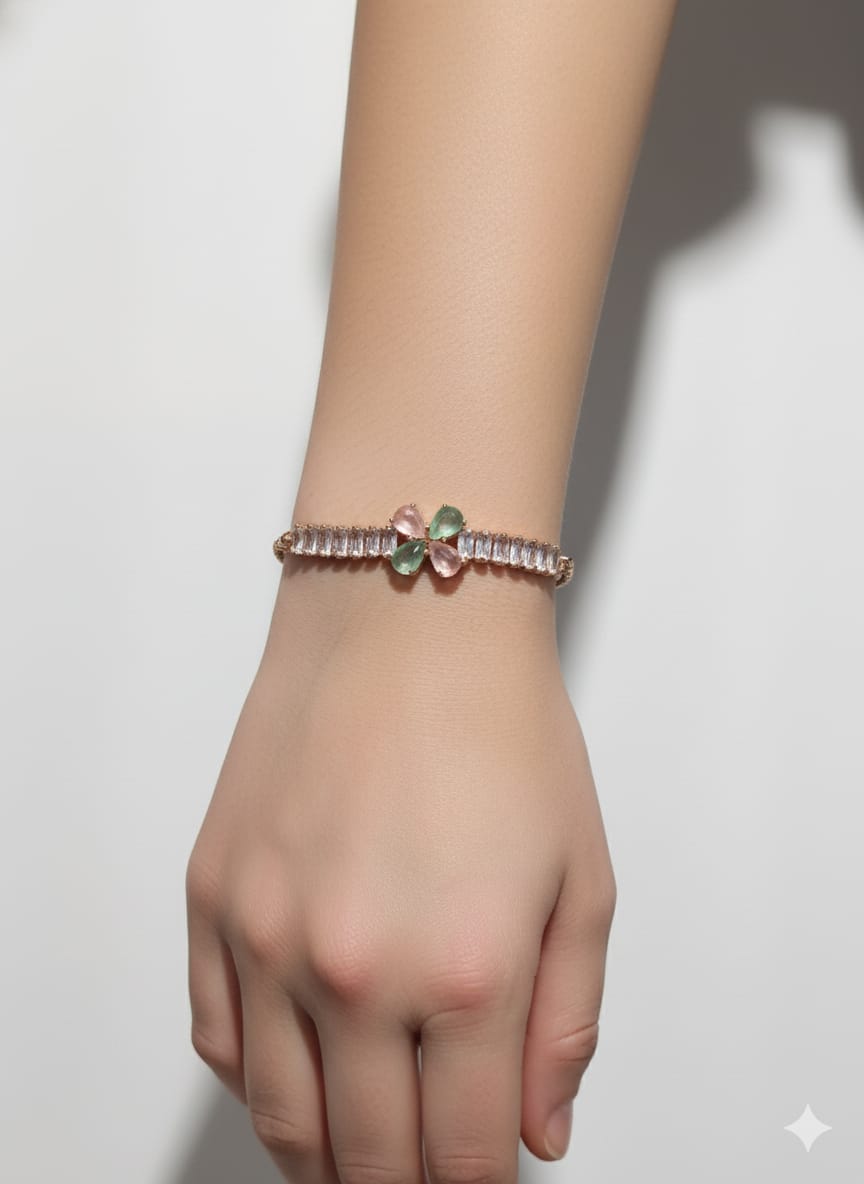 Elegant Floral Crystal Adjustable Bracelet – Premium Rose Gold Plated | Pink & Mint Petal Stones - Image 2
