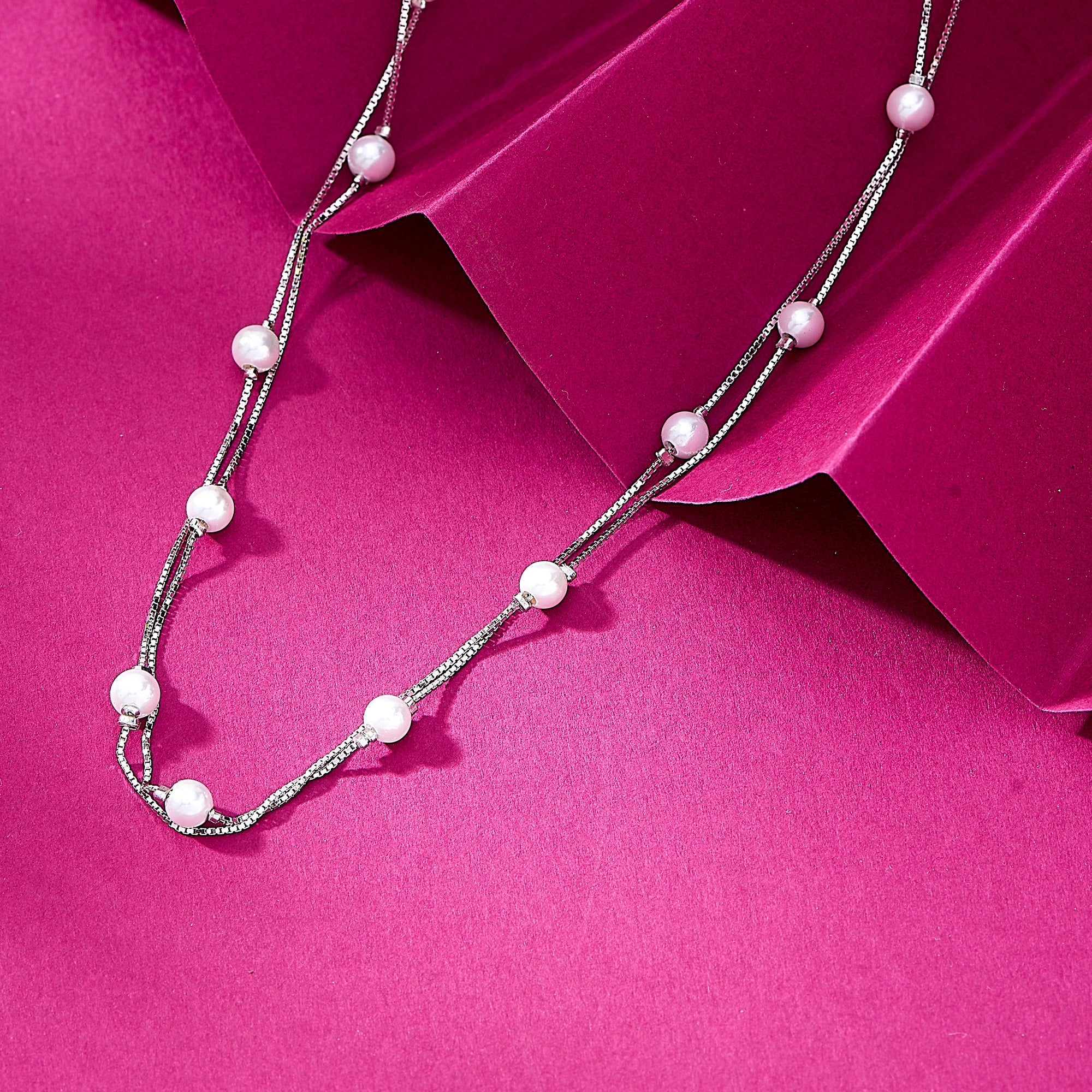 Elegant Double-Layer Pearl Beaded 925 Silver Chain Necklace