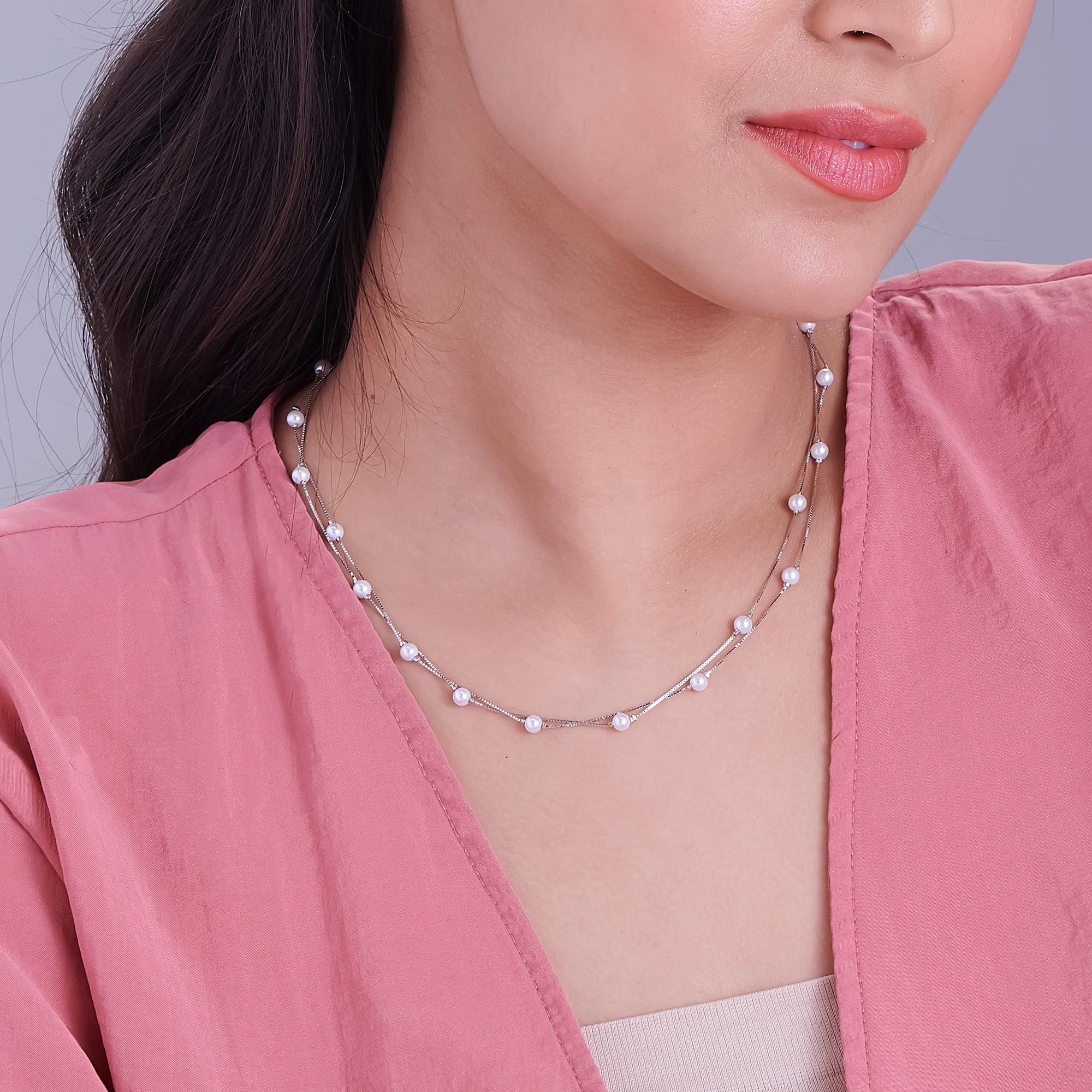 Elegant Double-Layer Pearl Beaded 925 Silver Chain Necklace - Image 3