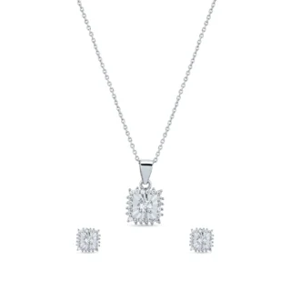 Elegant Square-Cut CZ Pendant & Stud Earrings Set 925 Silver