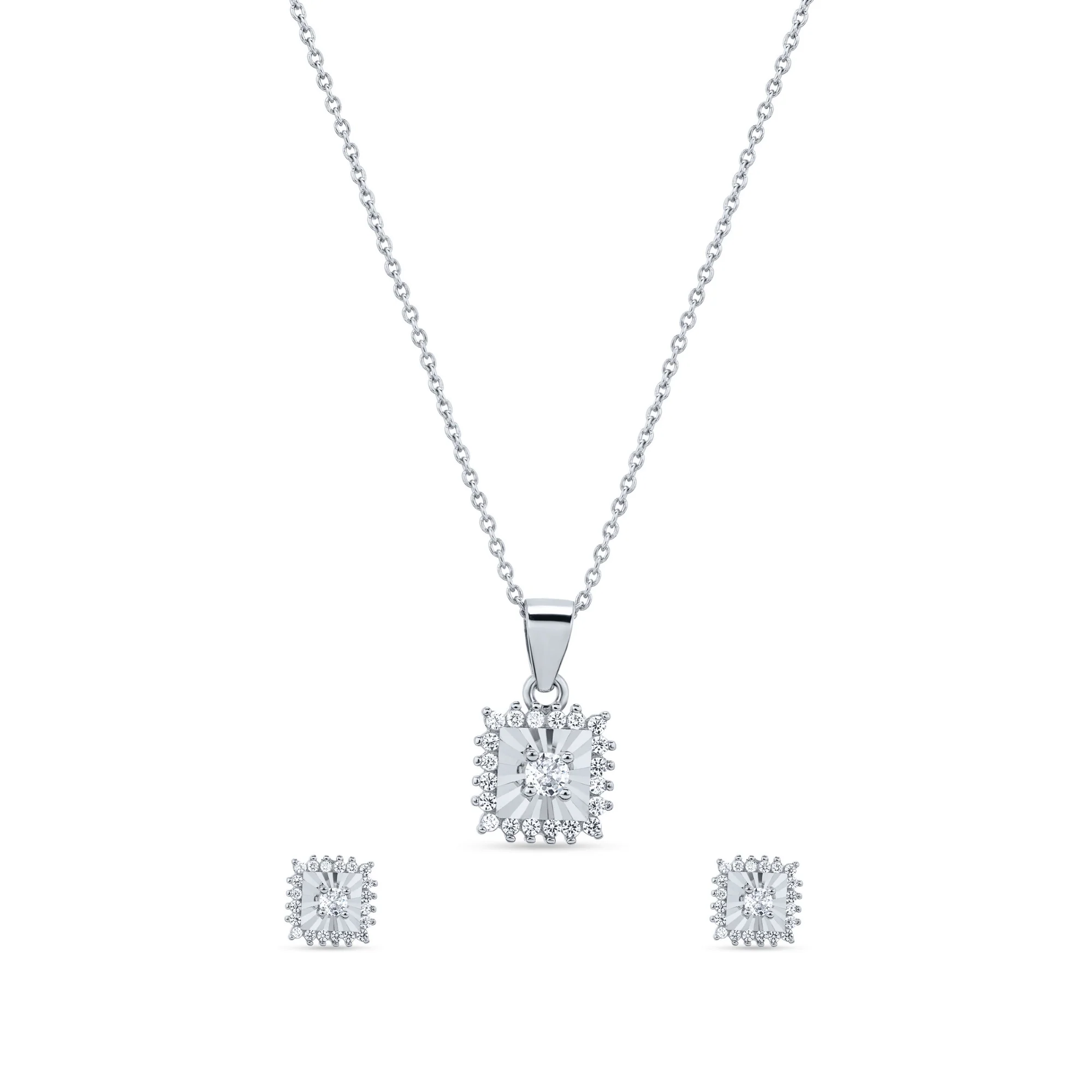 Elegant Square-Cut CZ Pendant & Stud Earrings Set 925 Silver