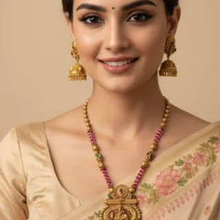 Antique Gold Temple Designer Necklace Set | Goddess Lakshmi Pendant | With Jhumka Earrings