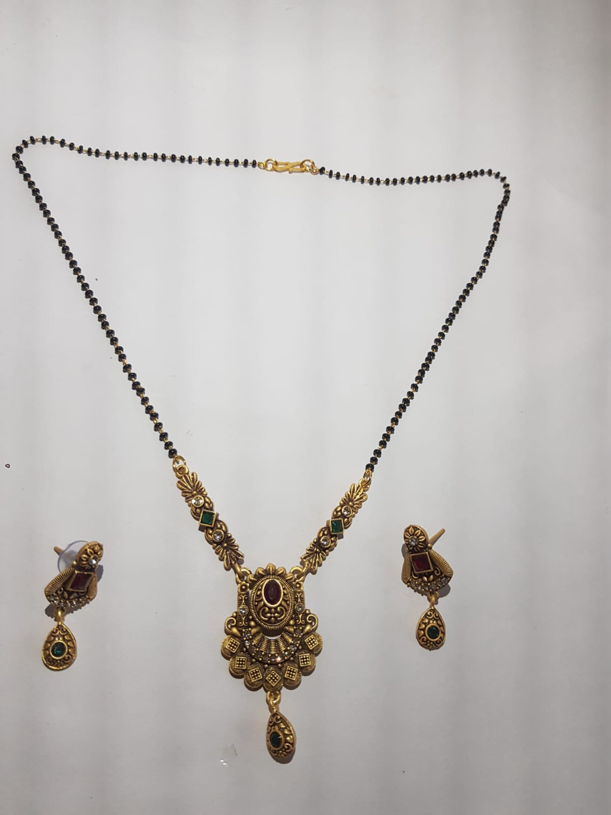 Traditional Gold-Plated Mangalsutra Set with Earrings for Women | Temple Design Black Beads Chain | Ethnic Bridal Jewelry Copy - Image 3