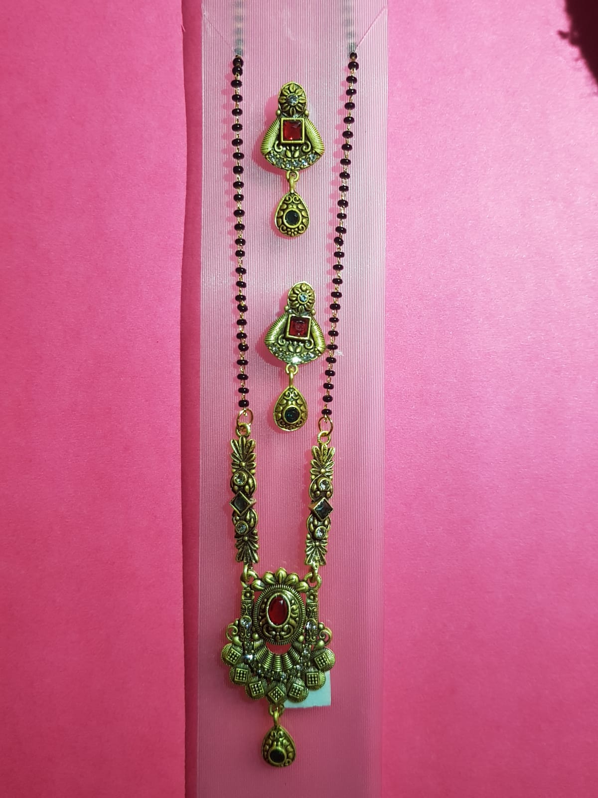 Traditional Gold-Plated Mangalsutra Set with Earrings for Women | Temple Design Black Beads Chain | Ethnic Bridal Jewelry Copy - Image 4