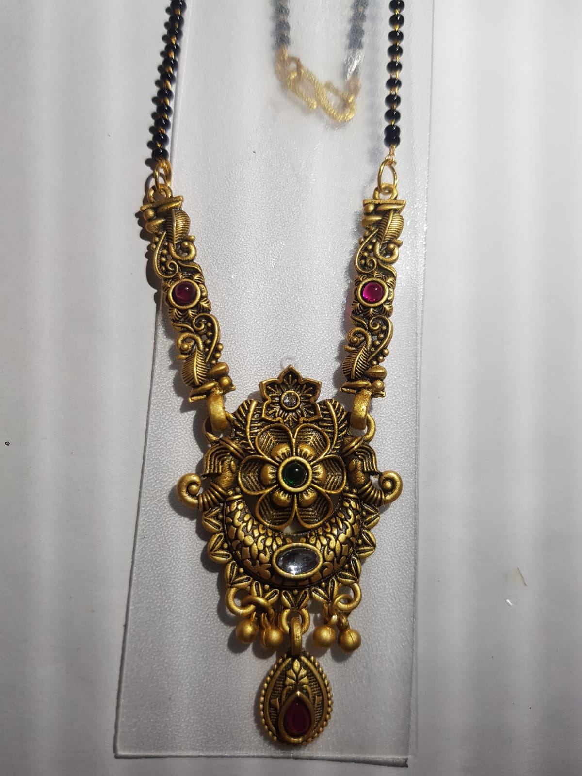 Traditional Gold-Plated Mangalsutra Set with Earrings for Women | Temple Design Black Beads Chain | Ethnic Bridal Jewelry - Image 2