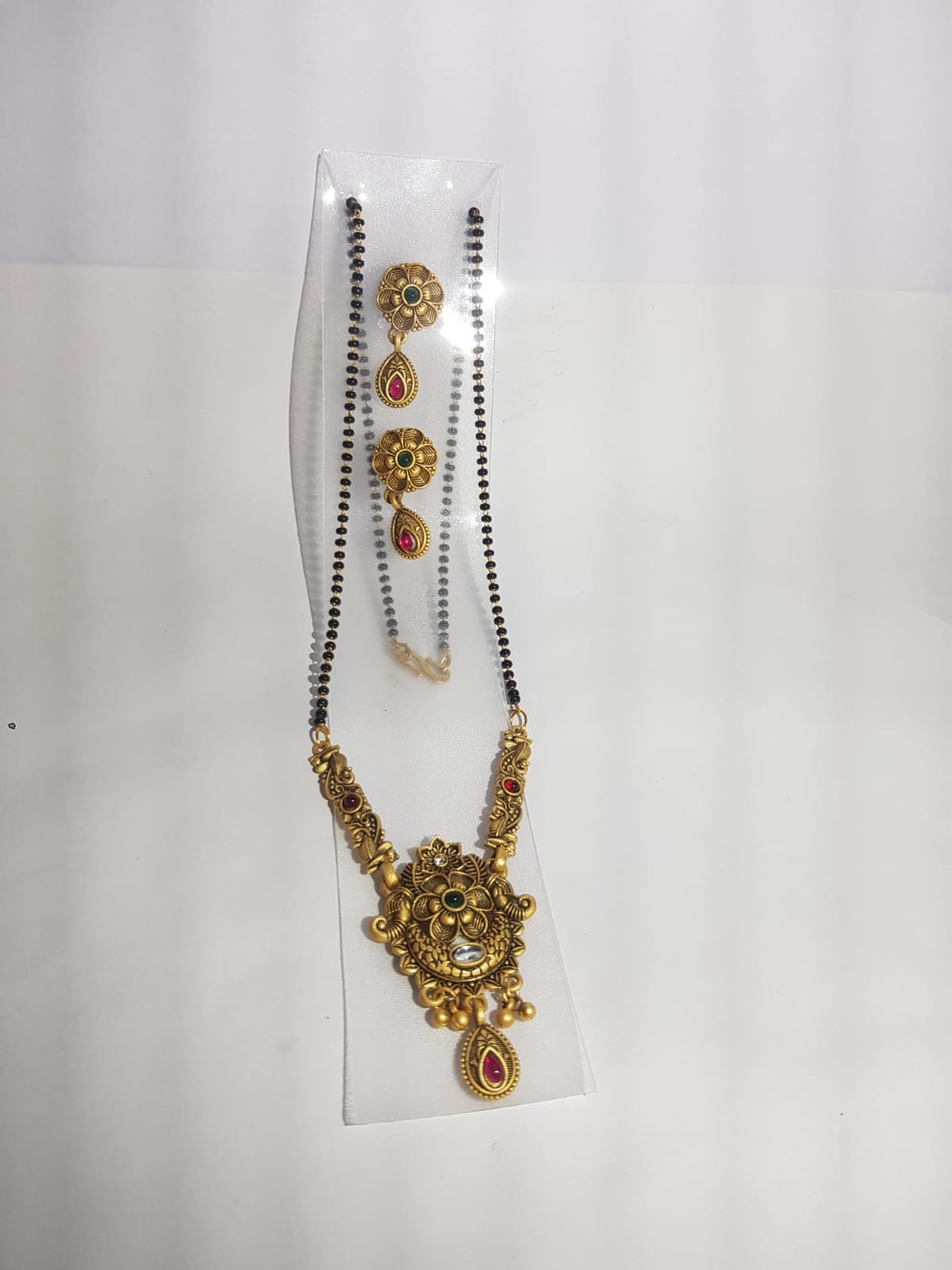 Traditional Gold-Plated Mangalsutra Set with Earrings for Women | Temple Design Black Beads Chain | Ethnic Bridal Jewelry - Image 5