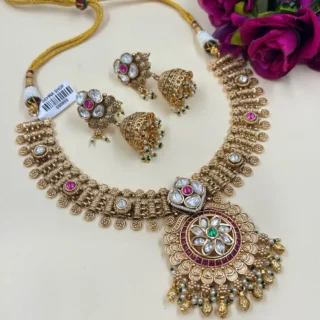 Antique Gold Temple Necklace Set with Jhumka Earrings | Bridal & Festive Jewelry