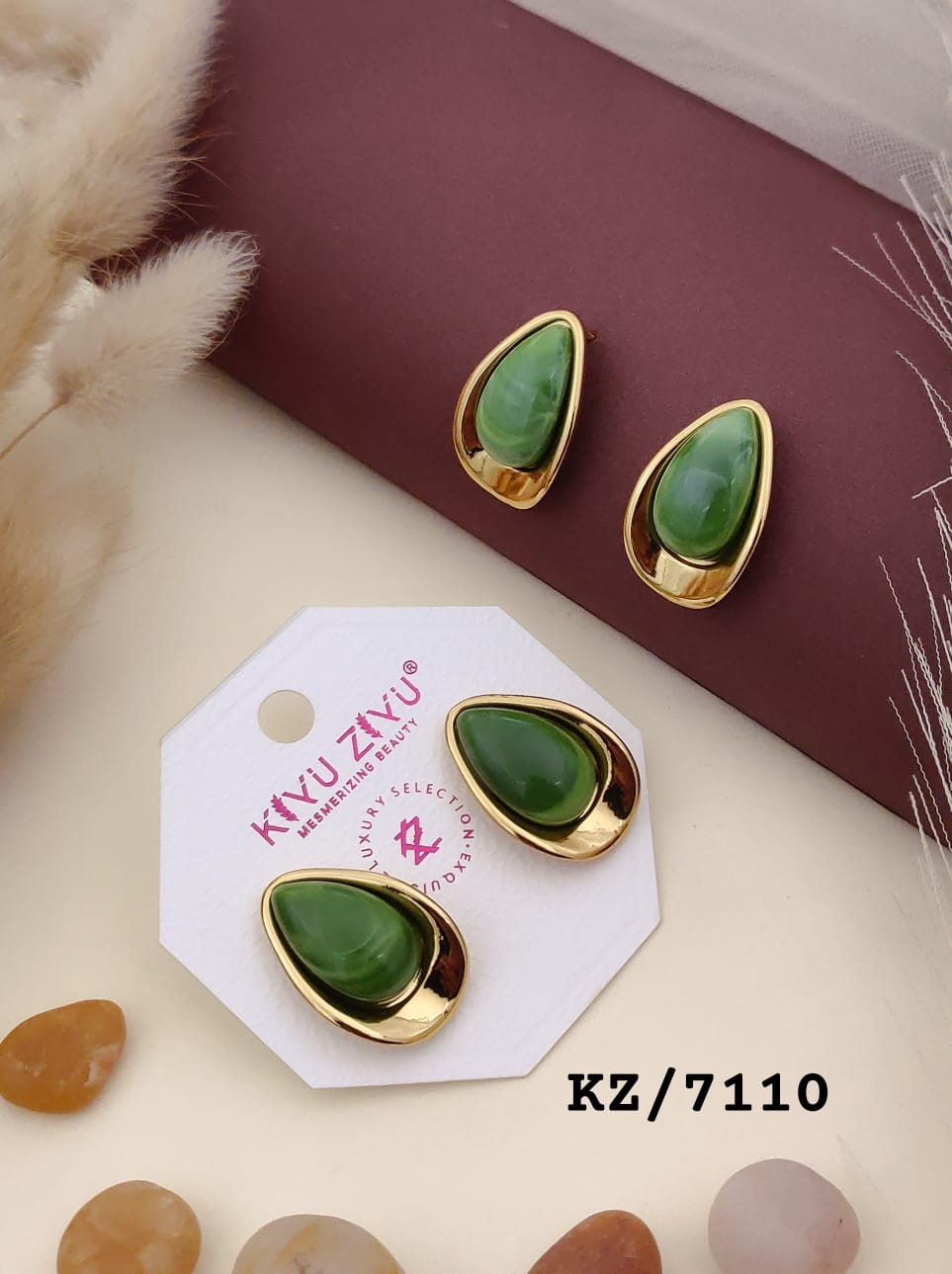 💚 Premium Green Teardrop Stud Earrings – Gold Plated Statement Earrings for Women & Girls